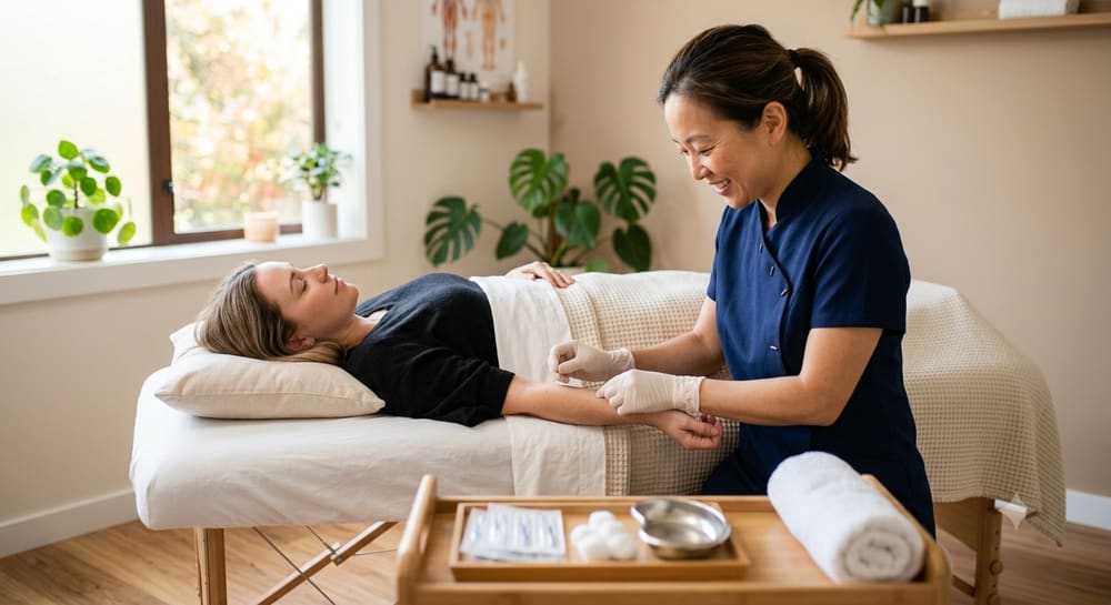An acupuncturist treating a patient
