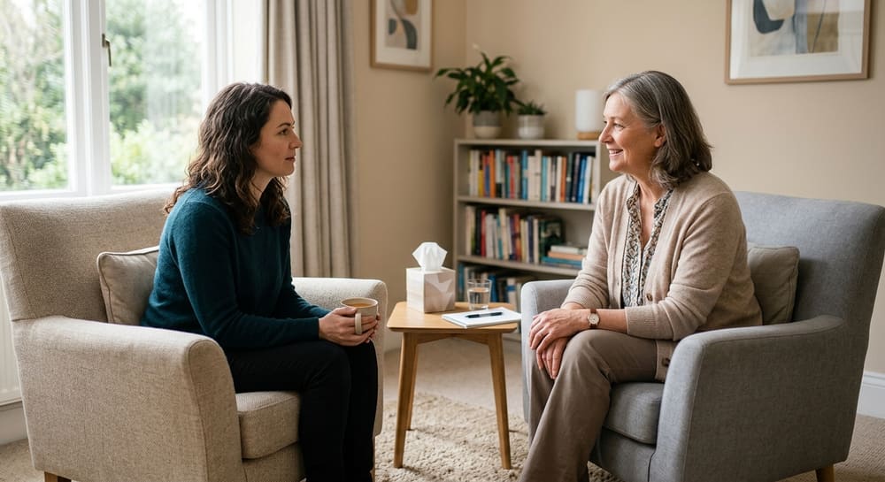 A counselling session in a calm consulting room
