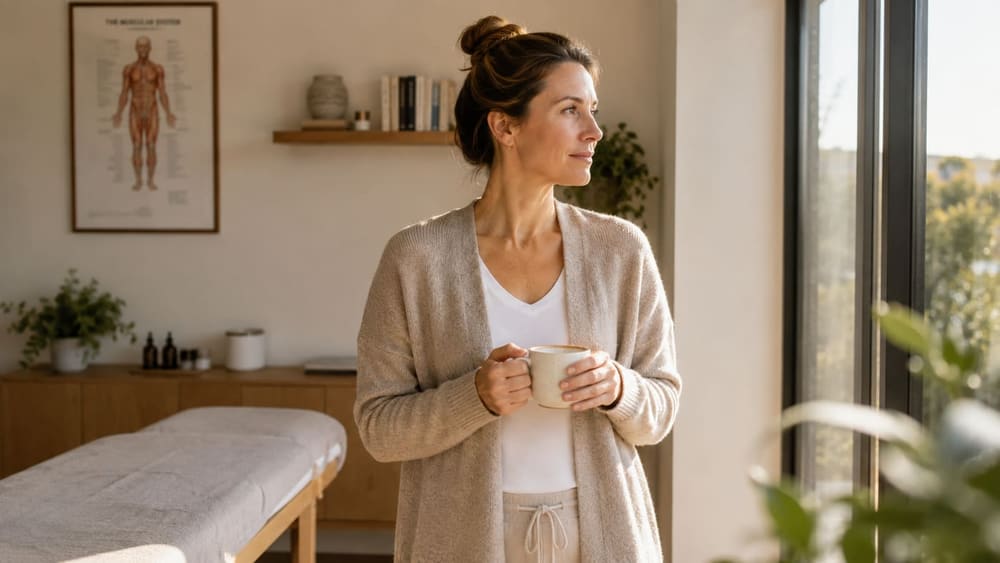 A practitioner in a calm, sunlit private clinic room