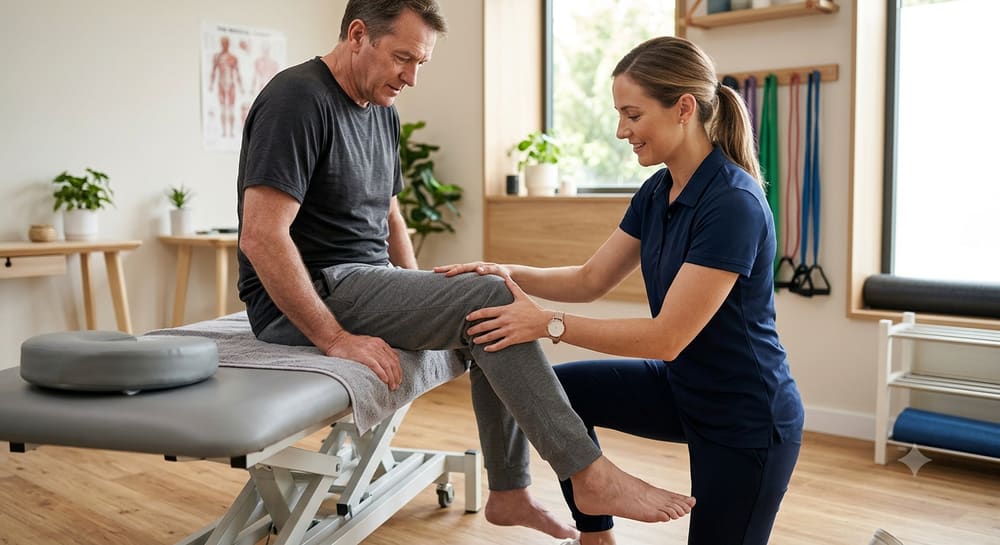 A physiotherapist assessing a patient's knee