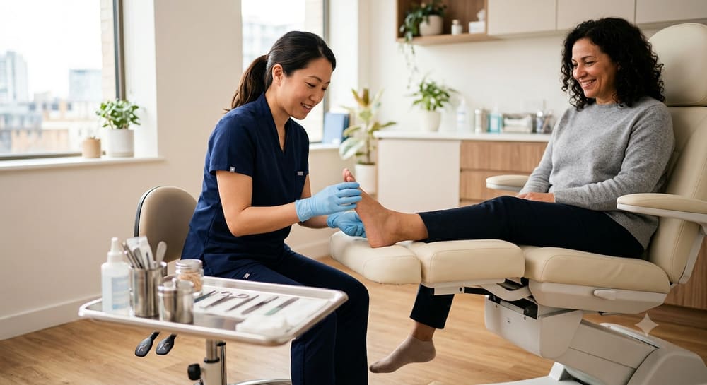 A podiatrist treating a patient's foot