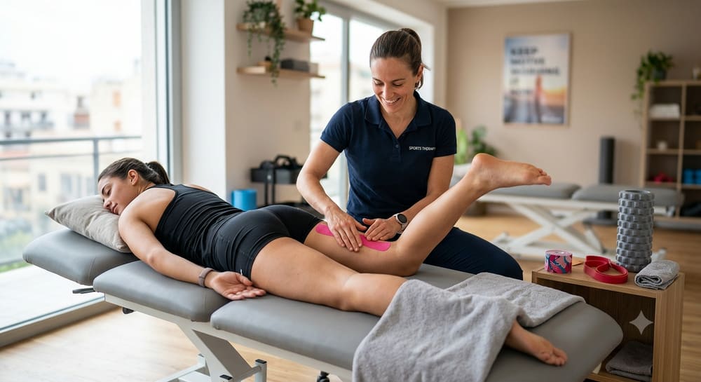 A sports therapist taping an athlete